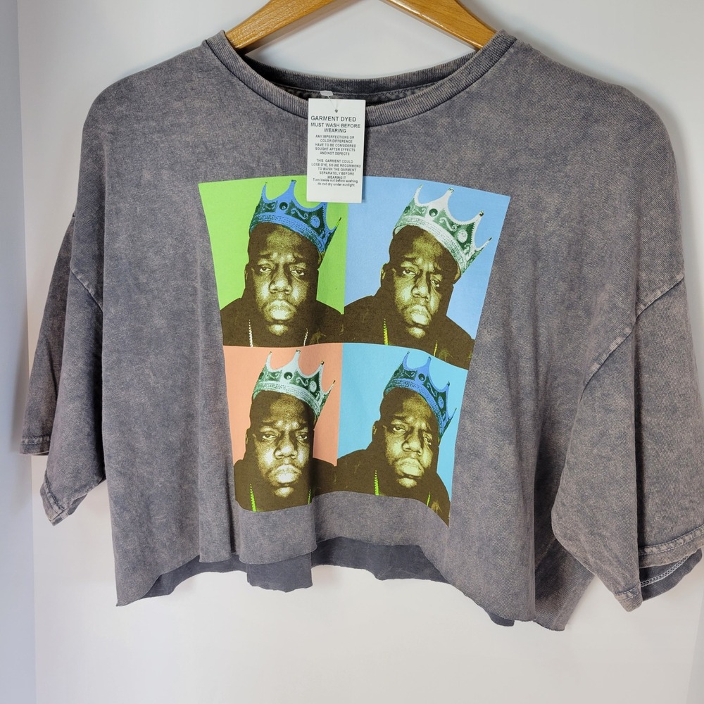 The Notorious BIG Biggie Smalls Crown Graphic Crop Top T-Shirt Gray XL NWT